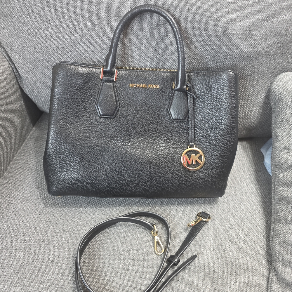 Michael Kors Black Leather Satchel with Gold Accents